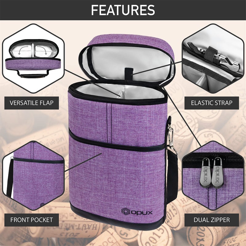 opux 2 Bottle Wine Carrier Tote  Insulated Leakproof Wine Cooler Bag  Wine Travel Bag for Picnic BYOB Beach  Portable Wine Bottle Carrying Case  Gift for Wine Lover Women Men Christmas  Purple - Image 4